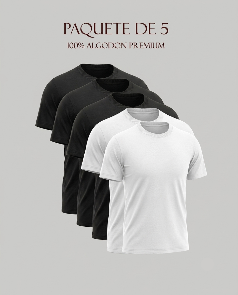 Paquete de 5 playeras, 100% algodon corte regular unisex