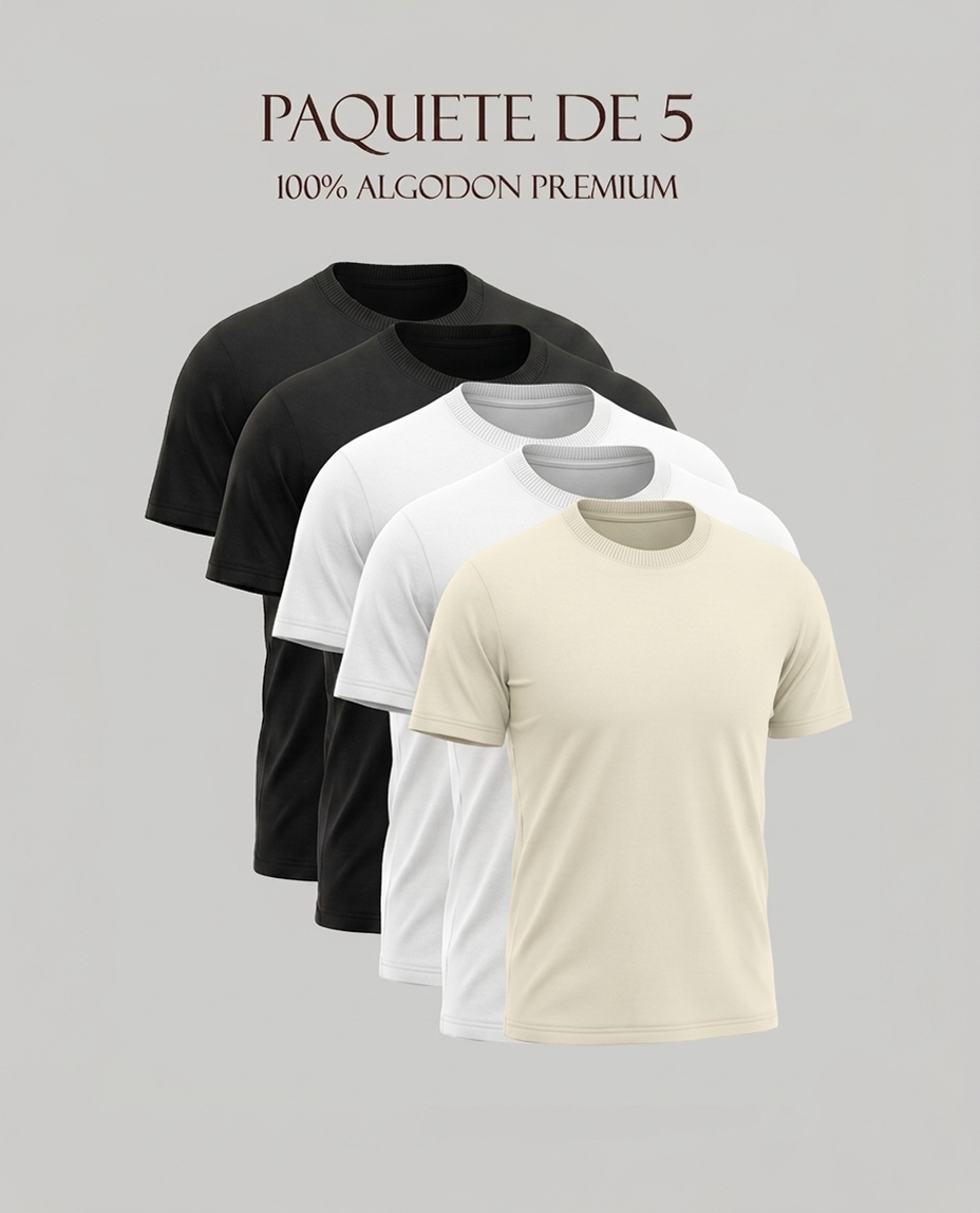 Paquete de 5 playeras, 100% algodon corte regular unisex