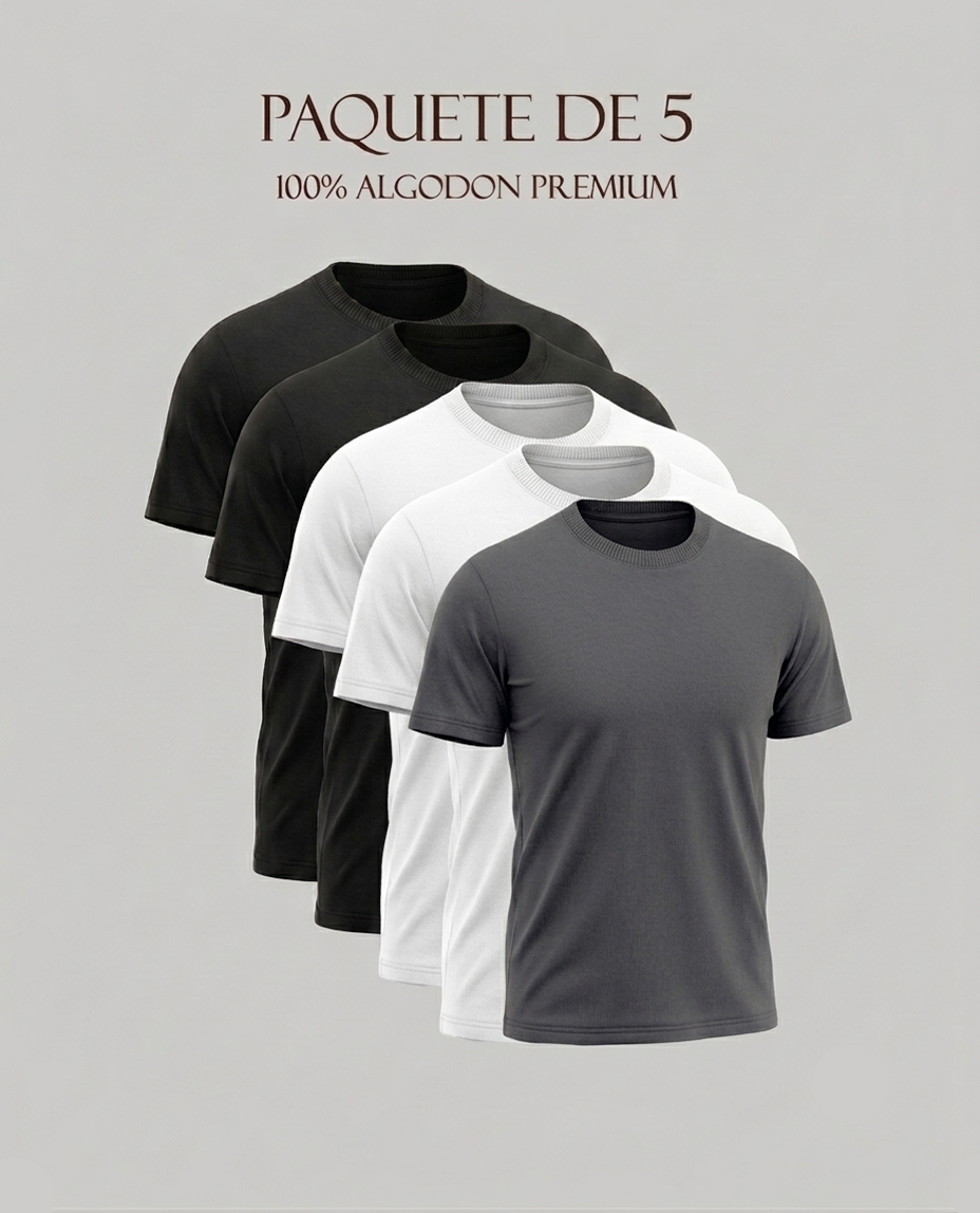 Paquete de 5 playeras, 100% algodon corte regular unisex