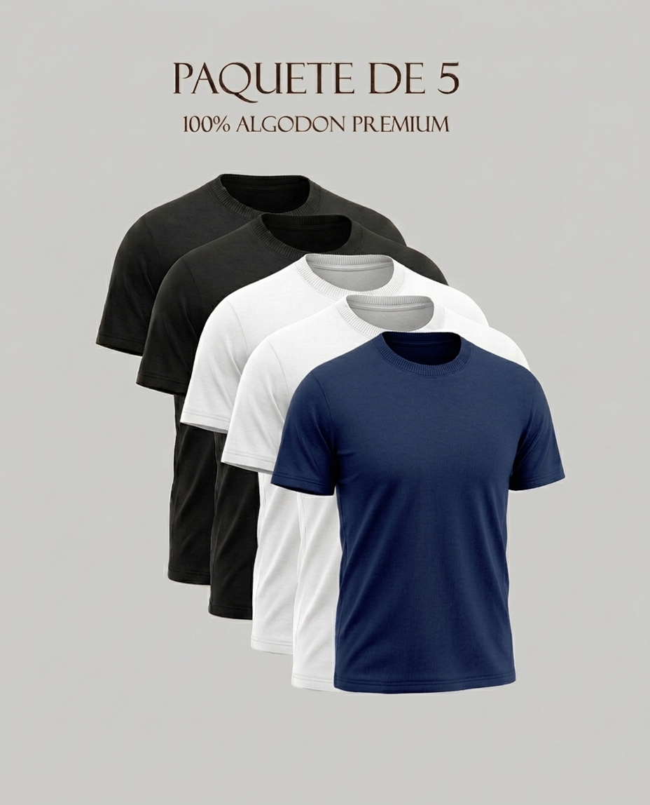 Paquete de 5 playeras, 100% algodon corte regular unisex
