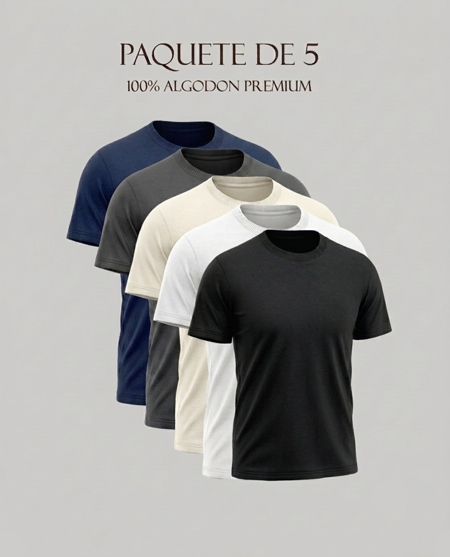 Paquete de 5 playeras, 100% algodon corte regular unisex